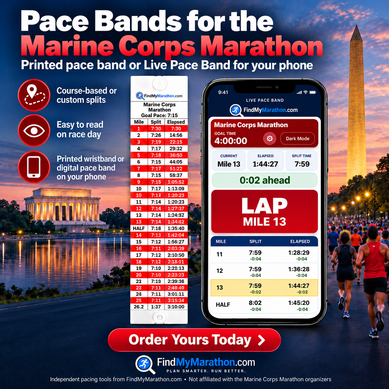 Marine Corps Marathon printed and digital Pace Bands from FindMyMarathon.com