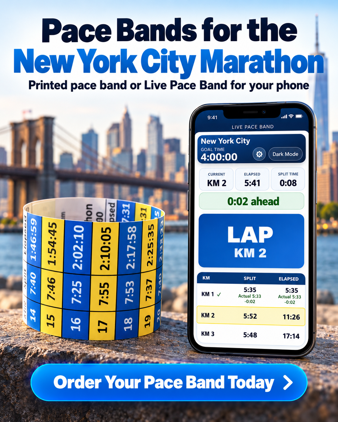New York City Marathon printed Pace Band and Digital Pace Band for your phone; sold separately or together