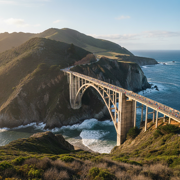 Runners on the Bixby Bridge on the Big Sur International Marathon course