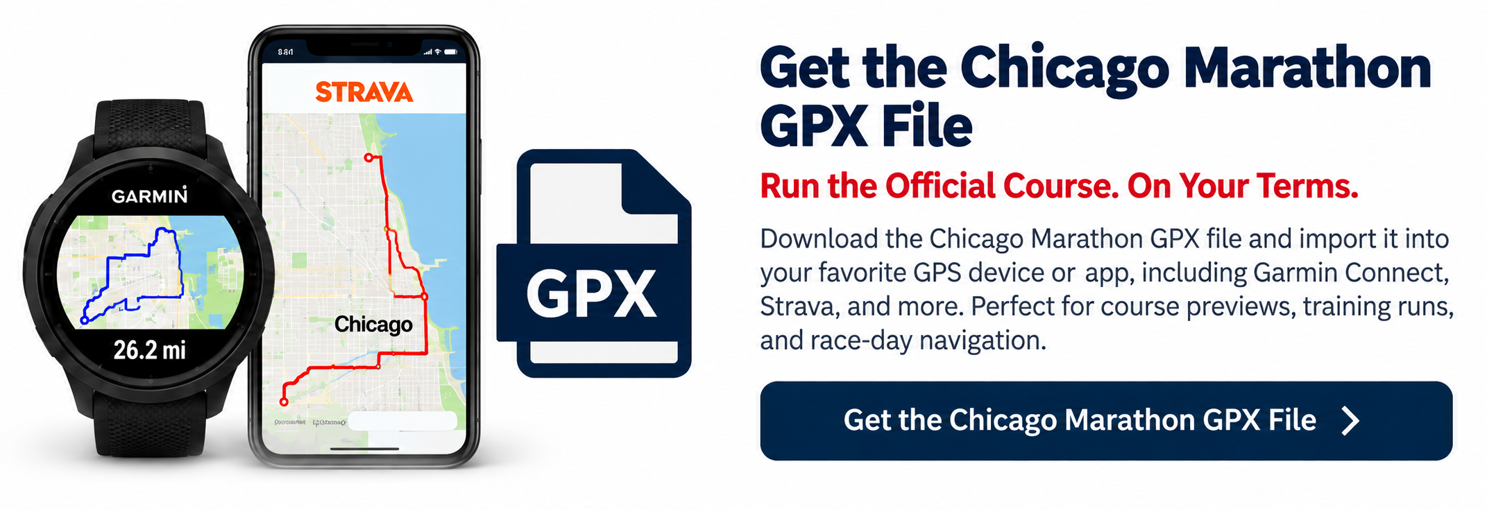 Chicago Marathon GPX file for compatible GPS devices and route apps including Garmin Connect and Strava