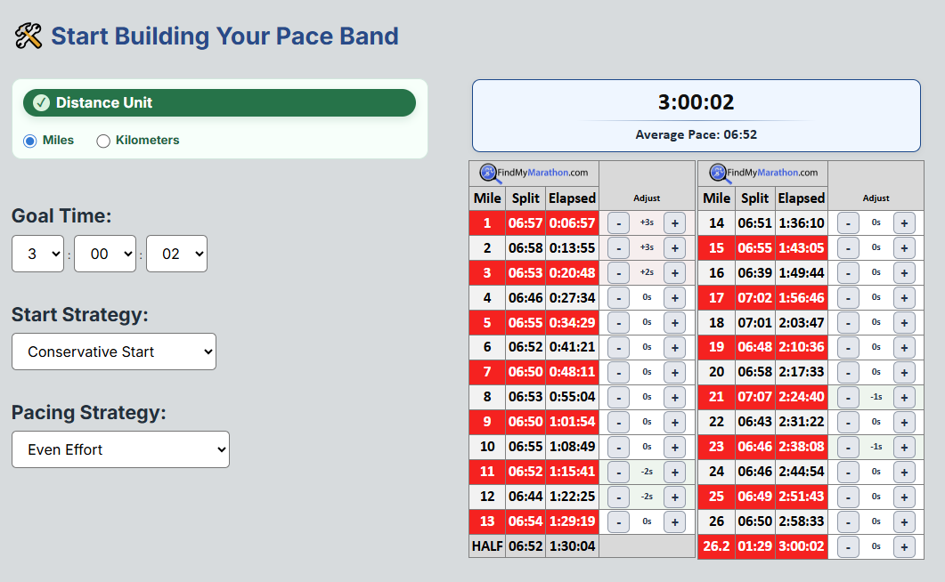 Course-based marathon pace band builder with goal time and pacing options
