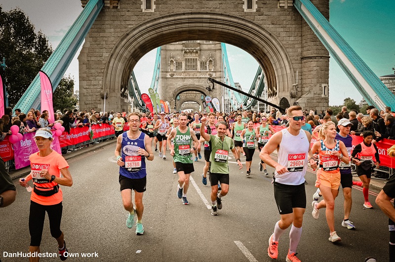 London Marathon runners at the Tower Bridge